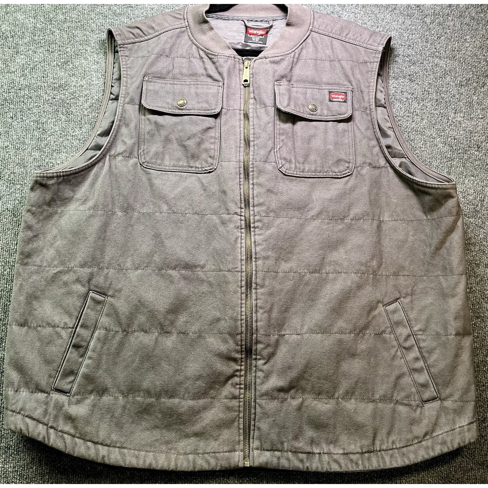 Wrangler Workwear Chore Vest Mens 3XL‎ Gray Canvas Quilted Lining Insulated